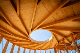 Close-up of the wooden beams at the German Pavilion