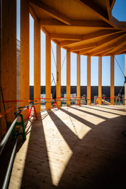 Close-up of the wooden beams at the German Pavilion