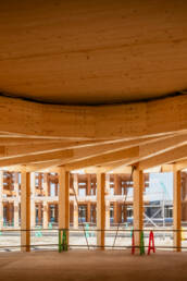 Close-up of the wooden beams at the German Pavilion