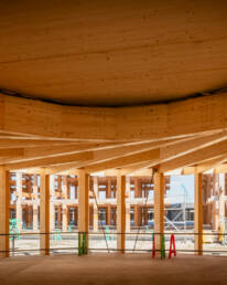 Close-up of the wooden beams at the German Pavilion