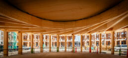 Close-up of the wooden beams at the German Pavilion