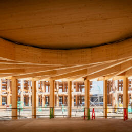 Close-up of the wooden beams at the German Pavilion