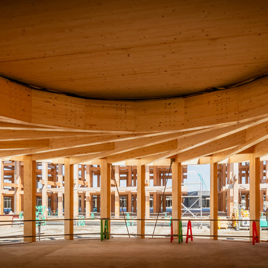 Close-up of the wooden beams at the German Pavilion