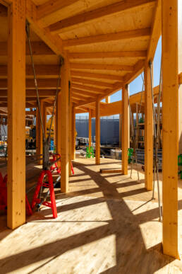 Close-up of the wooden beams at the German Pavilion