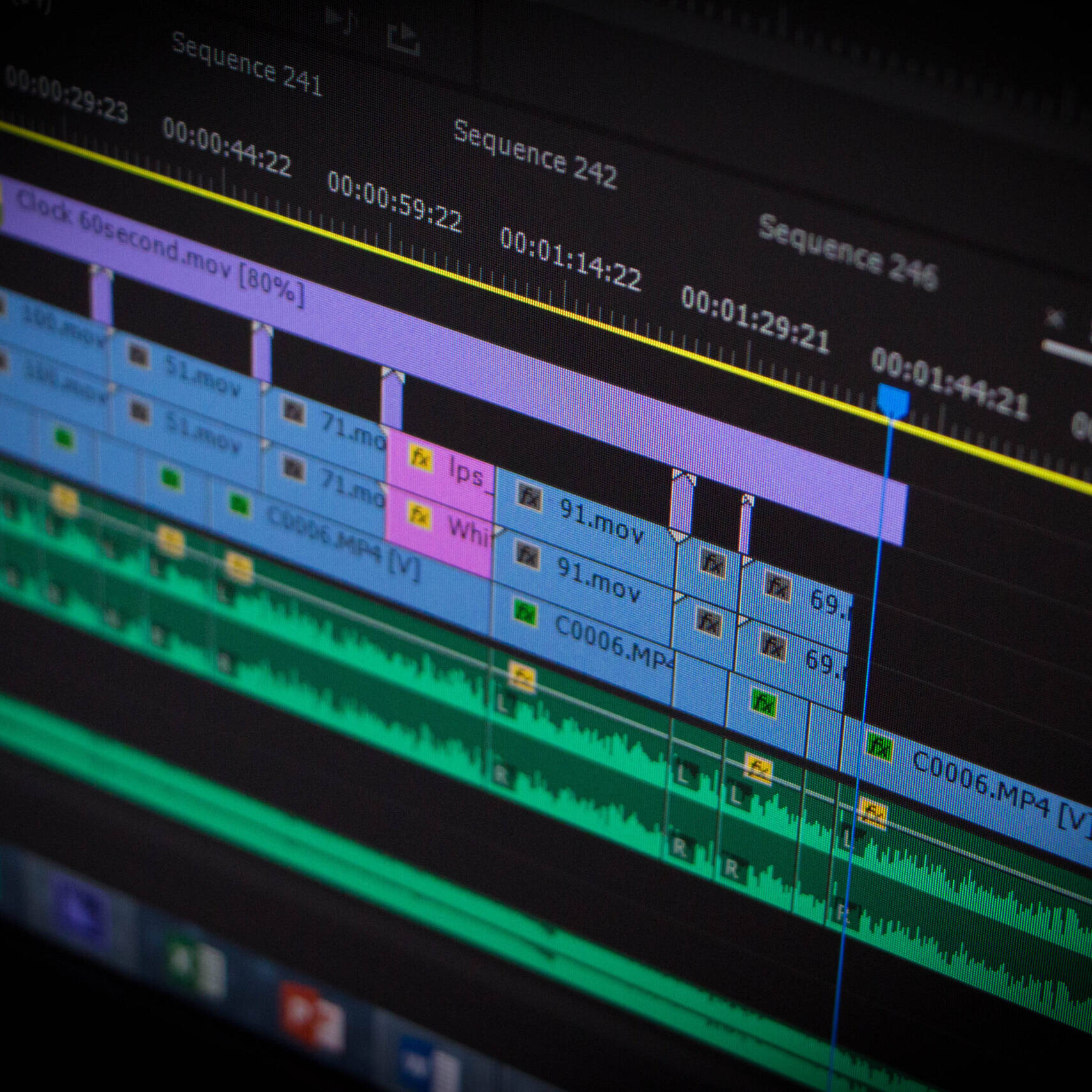 Image of this image displays a detailed view of a video editing timeline on a computer screen. the software interface showcases multiple video and audio tracks, highlighting sequences, clips, and effects being applied. ideal for showcasing professional video editing, multimedia production, or digital content creation
