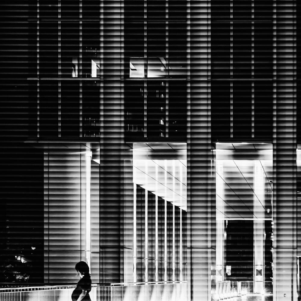 Image of black and white urban night scene featuring a modern architectural structure with vertical columns and illuminated pathways. a solitary silhouette stands contemplatively on a walkway, blending into the sleek, futuristic design of a cityscape. the image highlights the symmetry and contrast of light and