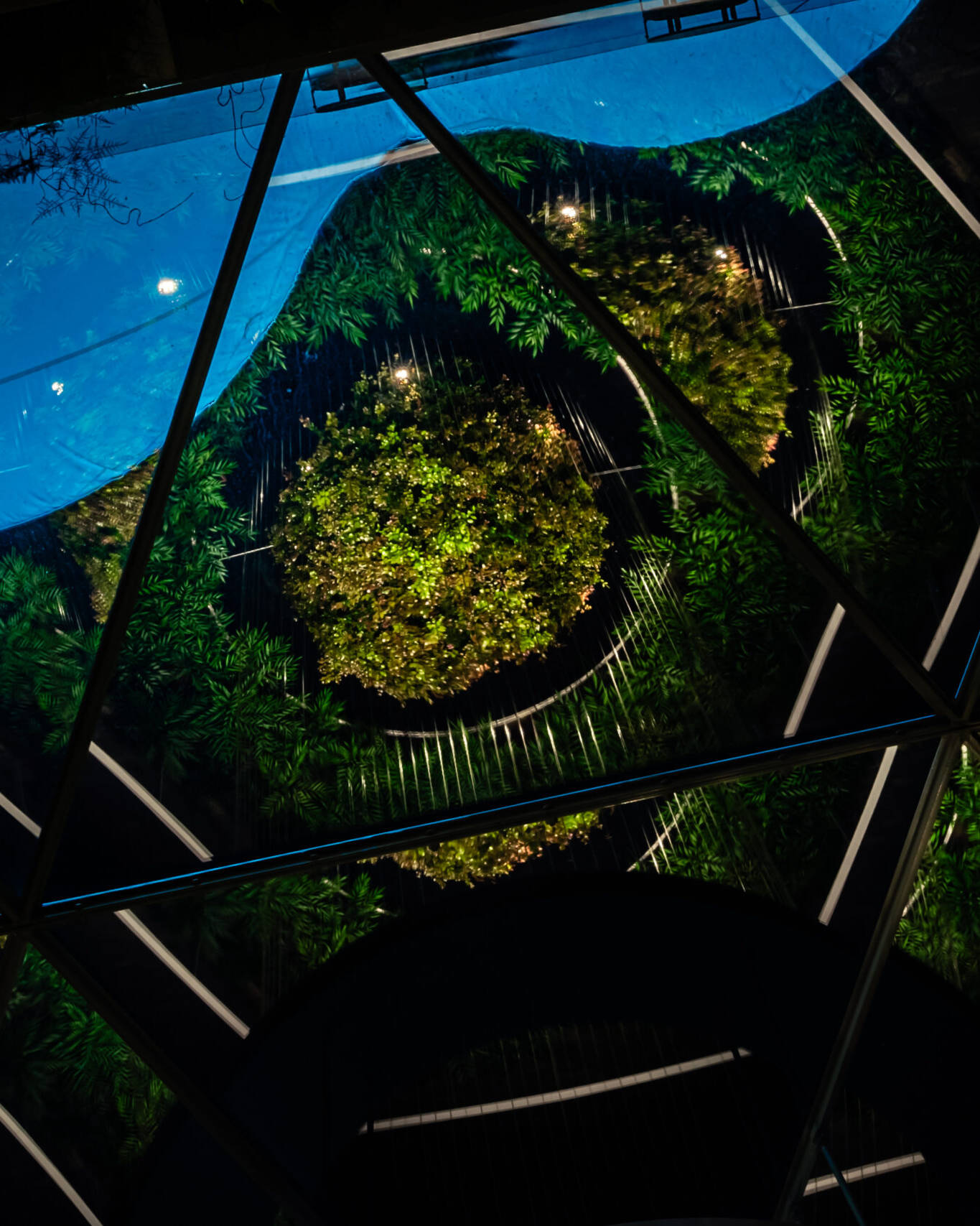 Image of futuristic geometric architecture and lush greenery create a modern, eco-friendly design seen through a glass ceiling. the vibrant green plant installations and reflective surfaces offer a stunning visual contrast to the sleek lines and glowing lights, embodying sustainability in architectural innovation. perfect