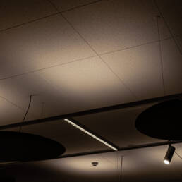 Image of this image showcases a modern, minimalistic ceiling design with acoustic tiles and industrial-style light fixtures. the ambient lighting creates a warm and inviting atmosphere, ideal for office or commercial spaces. this contemporary architectural element highlights efficiency and style in interior design. keywords:
