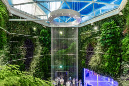 Image of the image showcases a modern indoor vertical garden with lush green walls and a unique circular light fixture above. located in a contemporary architectural space, the greenery brings a touch of nature indoors, highlighting eco-friendly design and urban sustainability. the ambient lighting and glass ceiling