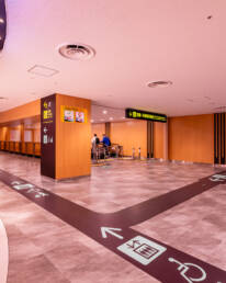 Image of modern airport corridor with clear directional signage and elevator access, featuring spacious layout and polished flooring. provides easy navigation for travelers, including accessibility options. ideal for safe, efficient transit in busy airport environments.