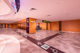 Image of modern airport corridor with clear directional signage and elevator access, featuring spacious layout and polished flooring. provides easy navigation for travelers, including accessibility options. ideal for safe, efficient transit in busy airport environments.