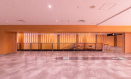 Image of modern airport interior with a minimalist design, featuring wooden wall panels, sleek metal railings, and a polished floor. the space is illuminated with soft lighting, providing a welcoming atmosphere. ideal for travelers, this area highlights efficient airport architecture and design aesthetics.