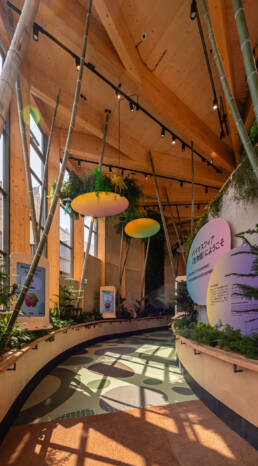 Image of this image showcases an eco-friendly exhibit space featuring bamboo accents and lush greenery. the room has a modern design with wooden beams, large windows for natural lighting, and informational displays. keywords: eco-friendly design, bamboo, greenery, modern exhibit, sustainable architecture