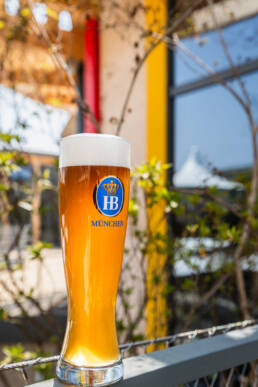 Image of a tall glass of german beer from munich is pictured outdoors, featuring a golden amber hue and a frothy white head. the logo on the glass suggests a classic bavarian brand. the background includes greenery and a modern building, suggesting a blend of traditional