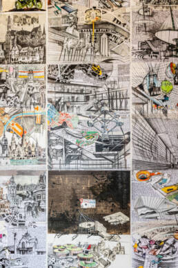 Image of the image showcases a vibrant collage of architectural sketches and artistic illustrations, featuring various urban landscapes and futuristic designs. prominent elements include detailed drawings of buildings, cityscapes, and abstract structures. the complexity and variety of the sketches highlight innovative architecture concepts and