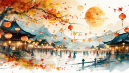 Image of this mesmerizing watercolor-style illustration depicts a traditional asian festival scene at night, with vibrant red lanterns illuminating ornate pagodas and a lively crowd in traditional attire. set against a backdrop of autumn leaves and a full moon in a serene mountainous landscape, the image