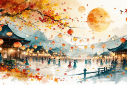 Image of this mesmerizing watercolor-style illustration depicts a traditional asian festival scene at night, with vibrant red lanterns illuminating ornate pagodas and a lively crowd in traditional attire. set against a backdrop of autumn leaves and a full moon in a serene mountainous landscape, the image