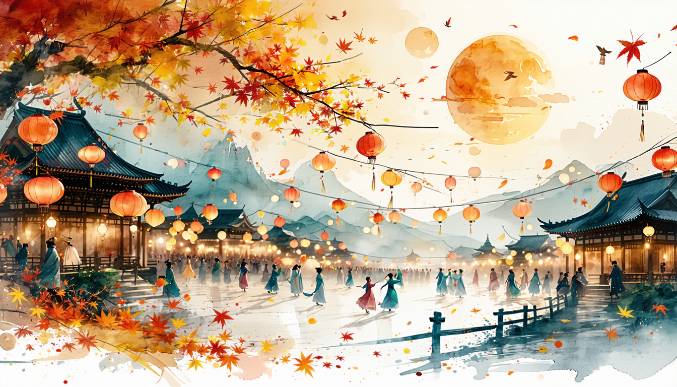 Image of this mesmerizing watercolor-style illustration depicts a traditional asian festival scene at night, with vibrant red lanterns illuminating ornate pagodas and a lively crowd in traditional attire. set against a backdrop of autumn leaves and a full moon in a serene mountainous landscape, the image