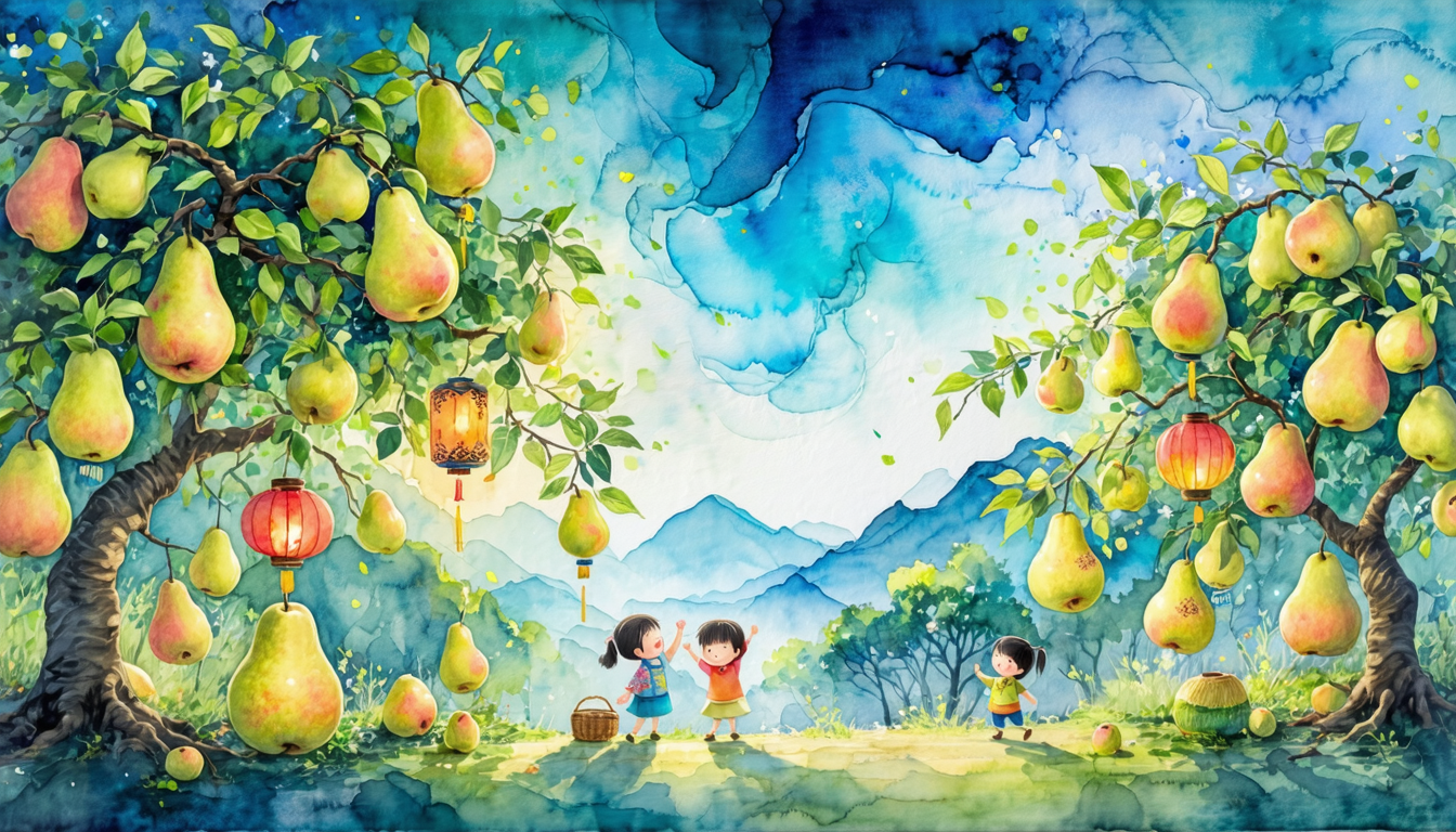 Image of this vibrant watercolor illustration captures a whimsical orchard scene with abundant pear trees and colorful lanterns. three children joyfully play under the lush canopy of fruit, set against a backdrop of rolling hills and a serene blue sky. keywords: watercolor illustration, pear orchard