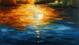 Image of this vibrant abstract painting captures a stunning moonlit lake scene with dynamic texture and color. the artwork features a glowing full moon reflecting on water in a symphony of blue and orange hues. lush foliage frames the scene, providing a serene yet dramatic atmosphere
