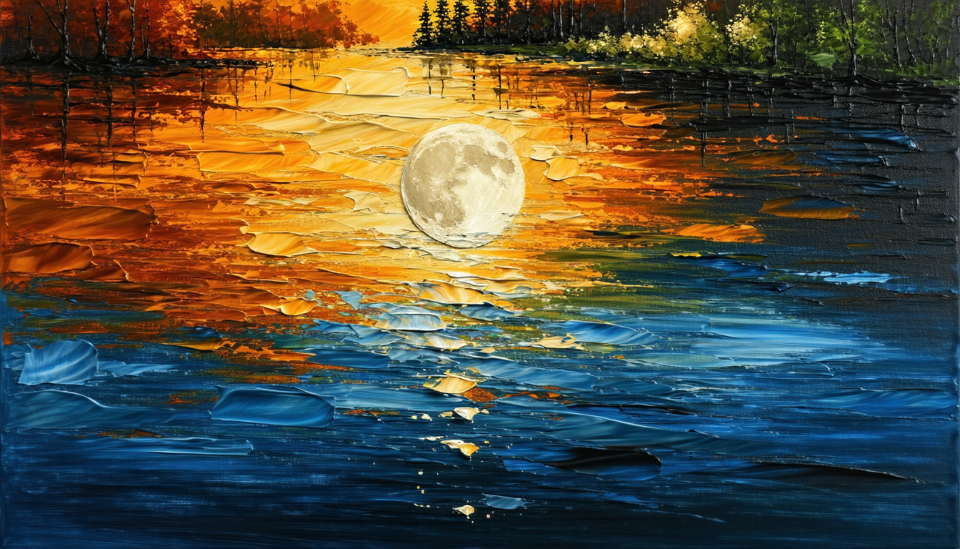 Image of this vibrant abstract painting captures a stunning moonlit lake scene with dynamic texture and color. the artwork features a glowing full moon reflecting on water in a symphony of blue and orange hues. lush foliage frames the scene, providing a serene yet dramatic atmosphere