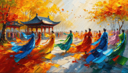 Image of vibrant painting of a traditional chinese dance in an autumnal park, featuring dancers in colorful flowing garments near pagodas. the scene captures the essence of cultural heritage amidst bright fall foliage. ideal for keywords like 