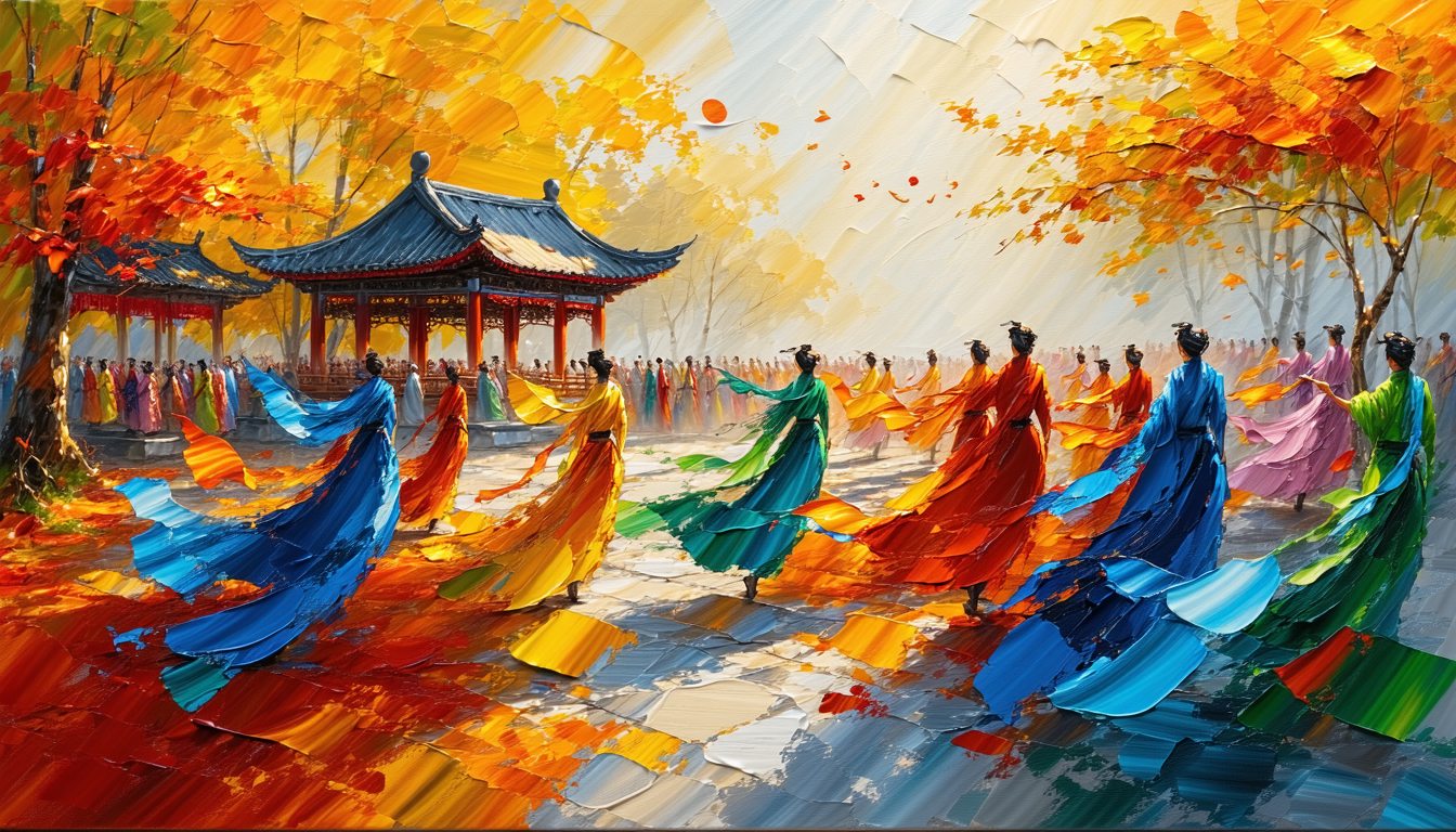 Image of vibrant painting of a traditional chinese dance in an autumnal park, featuring dancers in colorful flowing garments near pagodas. the scene captures the essence of cultural heritage amidst bright fall foliage. ideal for keywords like 