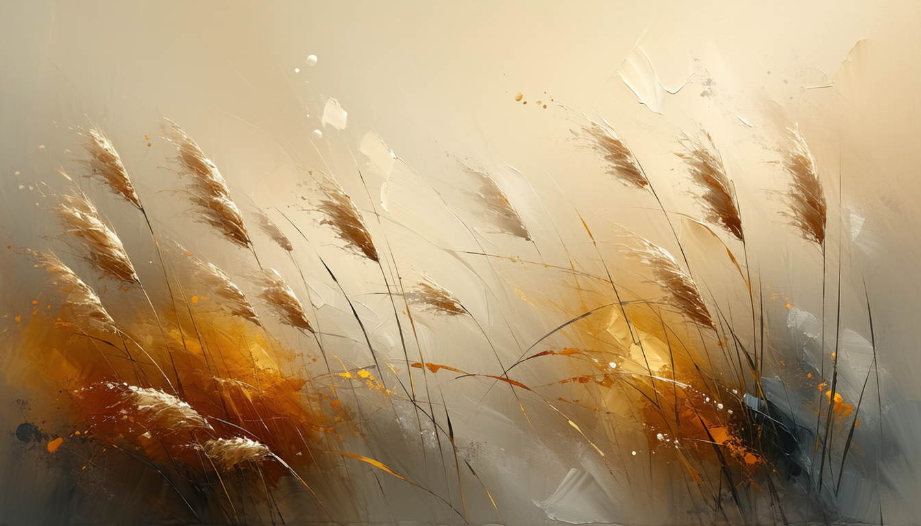 Image of this image features an abstract artwork of golden wheat swaying in a gentle breeze. the background includes warm earth tones, blending seamlessly to create a sense of motion and tranquility. perfect for art enthusiasts and nature lovers, this painting encapsulates the serenity and beauty