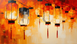 Image of this image showcases a vibrant abstract painting of traditional asian lanterns, featuring rich orange and red hues. the lanterns are adorned with tassels, creating an atmospheric scene reminiscent of cultural festivals in asia. perfect for keywords: asian lanterns art, abstract