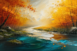 Image of this image showcases a vibrant autumn landscape painting featuring a flowing river surrounded by golden and red-leaved trees. the sunlight bathes the scene in warm tones, highlighting the natural beauty of this serene wilderness setting. the rich textures and striking colors create a captivating