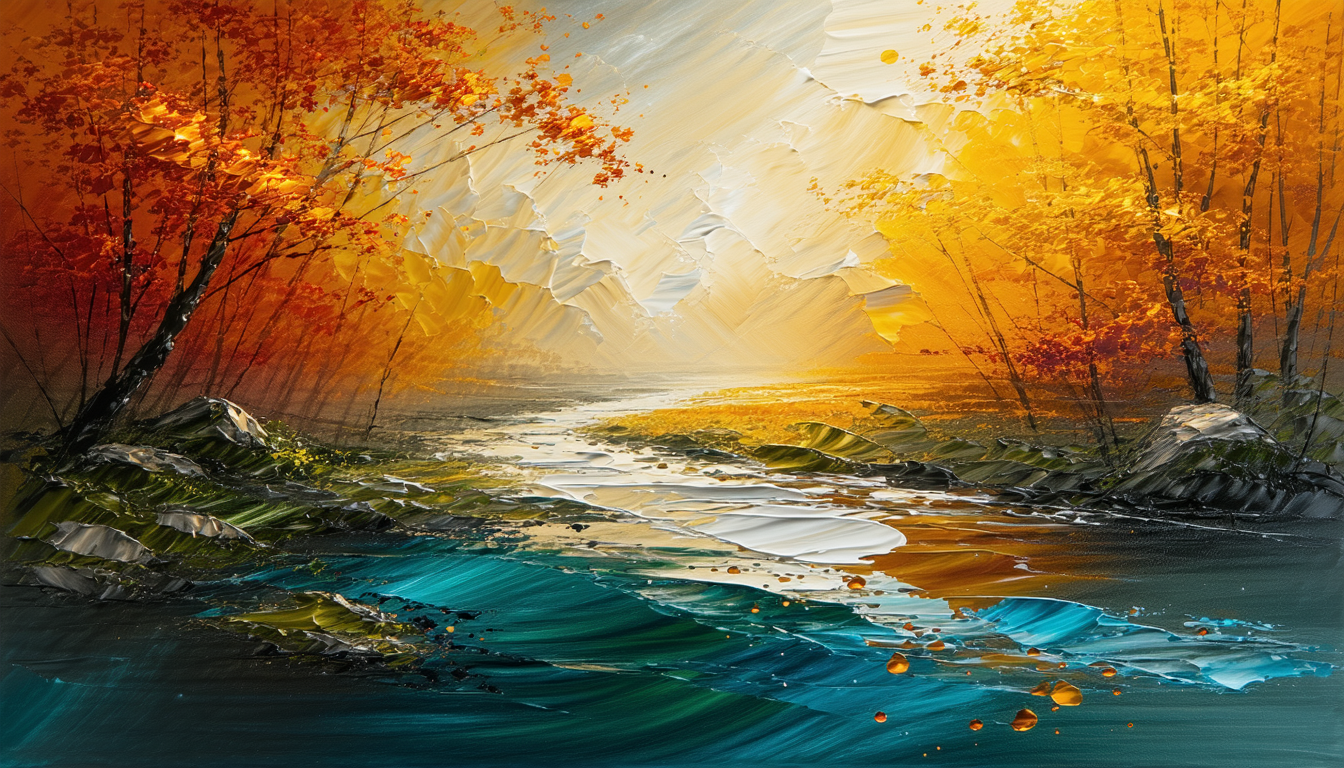 Image of this image showcases a vibrant autumn landscape painting featuring a flowing river surrounded by golden and red-leaved trees. the sunlight bathes the scene in warm tones, highlighting the natural beauty of this serene wilderness setting. the rich textures and striking colors create a captivating