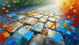 Image of this vibrant artwork captures a colorful cobblestone path adorned with autumn leaves. the dynamic brushstrokes create a textured composition of blue and orange hues, evoking a sense of seasonal transition. ideal for art enthusiasts, the painting blends abstract and nature-inspired