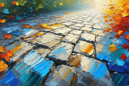 Image of this vibrant artwork captures a colorful cobblestone path adorned with autumn leaves. the dynamic brushstrokes create a textured composition of blue and orange hues, evoking a sense of seasonal transition. ideal for art enthusiasts, the painting blends abstract and nature-inspired