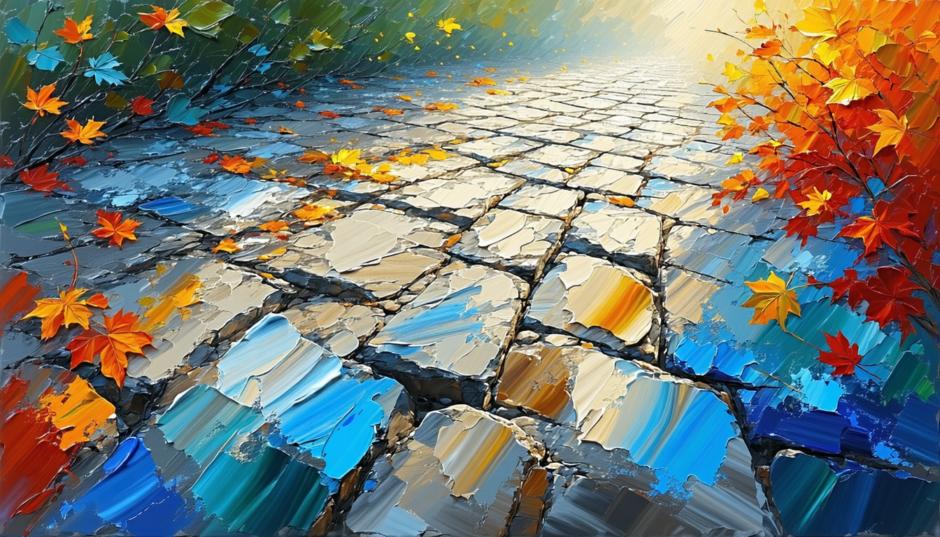 Image of this vibrant artwork captures a colorful cobblestone path adorned with autumn leaves. the dynamic brushstrokes create a textured composition of blue and orange hues, evoking a sense of seasonal transition. ideal for art enthusiasts, the painting blends abstract and nature-inspired