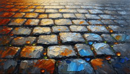 Image of this image showcases a vibrant abstract painting of a cobblestone street. the scene features textured paving stones, highlighted by warm hues of orange, blue, and gold. the painting is enhanced with reflective raindrops, adding depth and a sense of realism