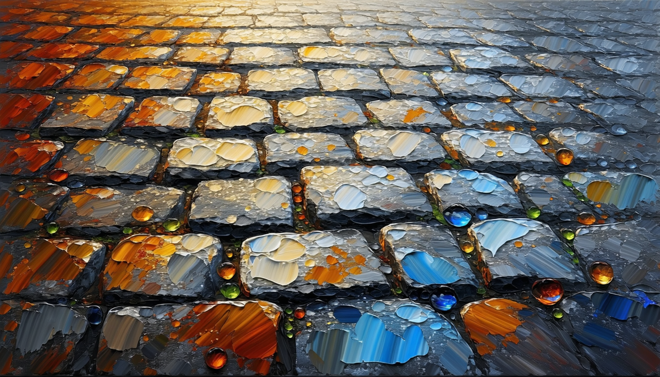 Image of this image showcases a vibrant abstract painting of a cobblestone street. the scene features textured paving stones, highlighted by warm hues of orange, blue, and gold. the painting is enhanced with reflective raindrops, adding depth and a sense of realism