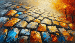 Image of this abstract painting captures a vibrant cobblestone street glistening with vivid blue and orange hues, leading toward a warm, sunlit horizon. autumnal trees with glowing lanterns create a captivating and colorful scene, perfect for showcasing concepts of urban art