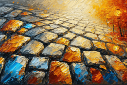 Image of this abstract painting captures a vibrant cobblestone street glistening with vivid blue and orange hues, leading toward a warm, sunlit horizon. autumnal trees with glowing lanterns create a captivating and colorful scene, perfect for showcasing concepts of urban art