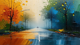 Image of vibrant artistic landscape depicting a rainy autumn scene with a lone car on a road flanked by colorful trees. the painting combines rich orange, blue, and green hues, with notable brushstroke textures and raindrop details. ideal for themes related