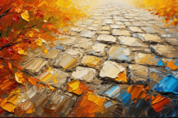 Image of this vibrant autumn-themed painting showcases a textured cobblestone path adorned with vivid orange and yellow leaves, embodying the essence of fall. the bold brushstrokes and rich colors create a dynamic, abstract landscape ideal for a home decor or art blog.