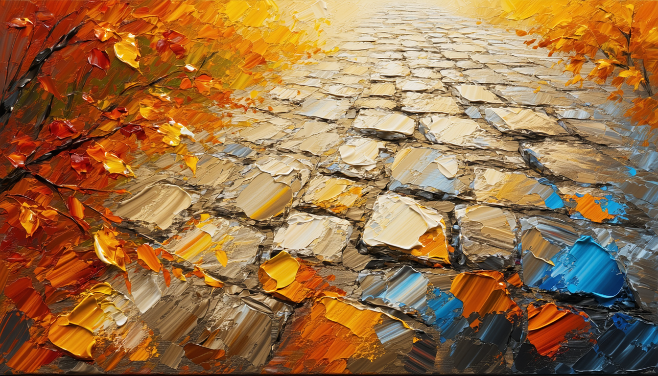 Image of this vibrant autumn-themed painting showcases a textured cobblestone path adorned with vivid orange and yellow leaves, embodying the essence of fall. the bold brushstrokes and rich colors create a dynamic, abstract landscape ideal for a home decor or art blog.