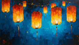 Image of this image features a vibrant display of chinese lanterns glowing against a deep blue background. the bright orange and yellow hues of the lanterns create a warm, festive atmosphere, reminiscent of traditional asian celebrations. this artistic scene highlights cultural symbols and night sky illumination