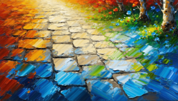 Image of abstract painting depicting a vibrant cobblestone pathway with a stunning blend of colors. the pathway is surrounded by foliage, featuring rich red, green, and blue hues, creating an impressionistic garden scene. this colorful landscape art captures a sense of harmony and