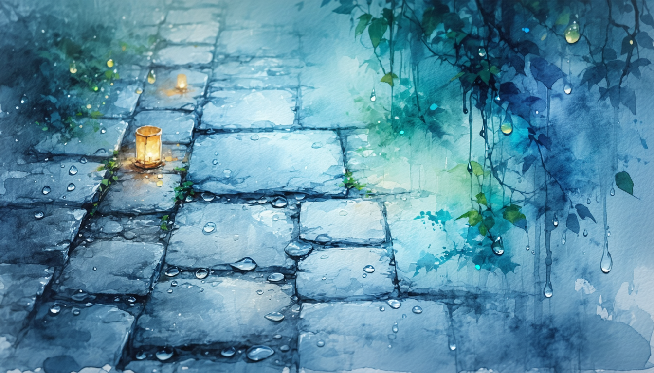 Image of this enchanting watercolor illustration depicts a serene, rain-dappled cobblestone path illuminated by glowing lanterns. the dew-covered stones lead into a lush, leafy backdrop, creating a mystical and tranquil atmosphere. perfect for themes of nature, tranquility, and