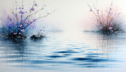 Image of this serene watercolor painting depicts a tranquil lake with delicate pink and purple blossoms on branches extending over the water. the calm surface of the lake reflects the vibrant flowers, creating a harmonious blend of colors. this artwork captures the essence of a peaceful natural setting,