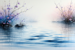 Image of this serene watercolor painting depicts a tranquil lake with delicate pink and purple blossoms on branches extending over the water. the calm surface of the lake reflects the vibrant flowers, creating a harmonious blend of colors. this artwork captures the essence of a peaceful natural setting,