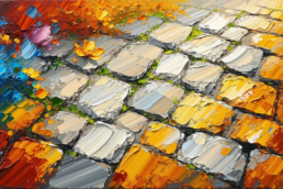 Image of this vibrant oil painting showcases a textured depiction of a cobblestone path, bathed in rich autumn colors. the use of bold orange and yellow hues combined with vibrant flowers creates a lively and dynamic scene, embodying the essence of fall. perfect for