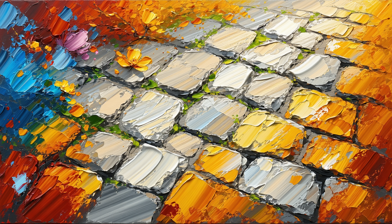Image of this vibrant oil painting showcases a textured depiction of a cobblestone path, bathed in rich autumn colors. the use of bold orange and yellow hues combined with vibrant flowers creates a lively and dynamic scene, embodying the essence of fall. perfect for