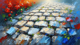 Image of this vibrant painting showcases a textured cobblestone path adorned with lush red flowers and green foliage, creating a stunning contrast. the artwork uses bold brushstrokes and vivid colors, capturing the essence of a garden walkway. perfect for those interested in art,