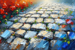 Image of this vibrant painting showcases a textured cobblestone path adorned with lush red flowers and green foliage, creating a stunning contrast. the artwork uses bold brushstrokes and vivid colors, capturing the essence of a garden walkway. perfect for those interested in art,